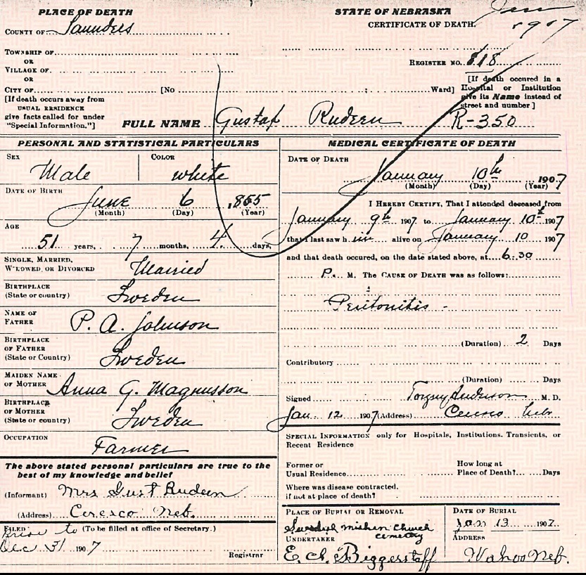 Gust Rudeen Death Certificate
